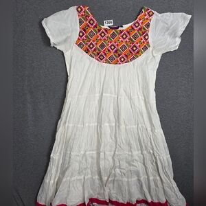 White Maxi Dress with Colorful Embroidery XL. Festival-wear Boho Hippie Ethnic